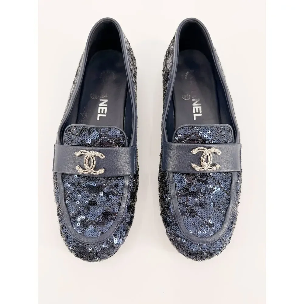 Chanel Navy Black Sequin CC Logo Slipper Loafer Flats Shoes Size 37 EU 6.5
